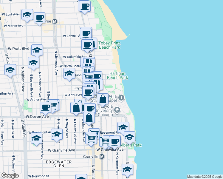 map of restaurants, bars, coffee shops, grocery stores, and more near 1041 West Loyola Avenue in Chicago