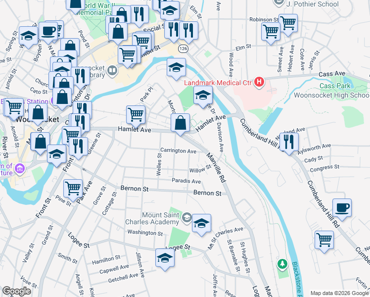 map of restaurants, bars, coffee shops, grocery stores, and more near 410 Carrington Avenue in Woonsocket