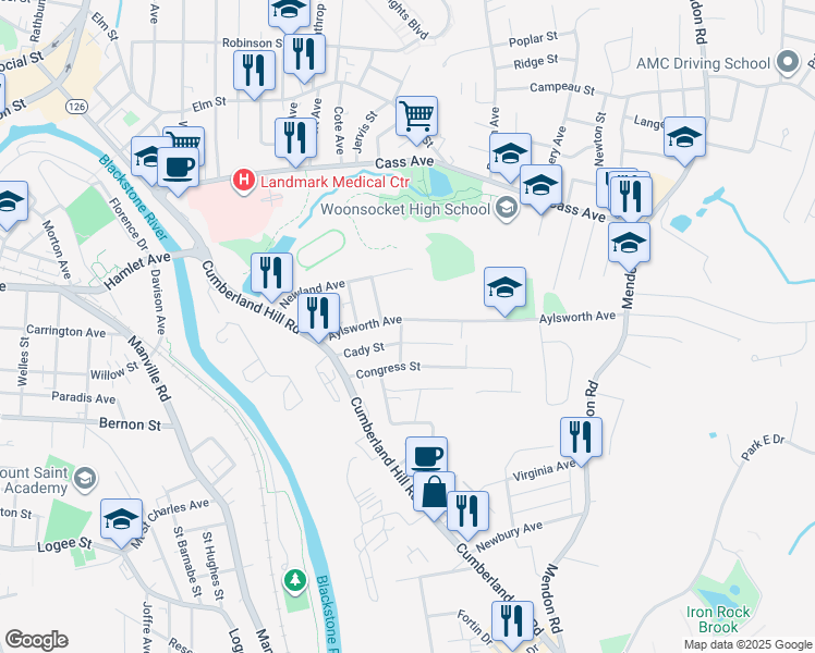 map of restaurants, bars, coffee shops, grocery stores, and more near 222 Aylsworth Avenue in Woonsocket