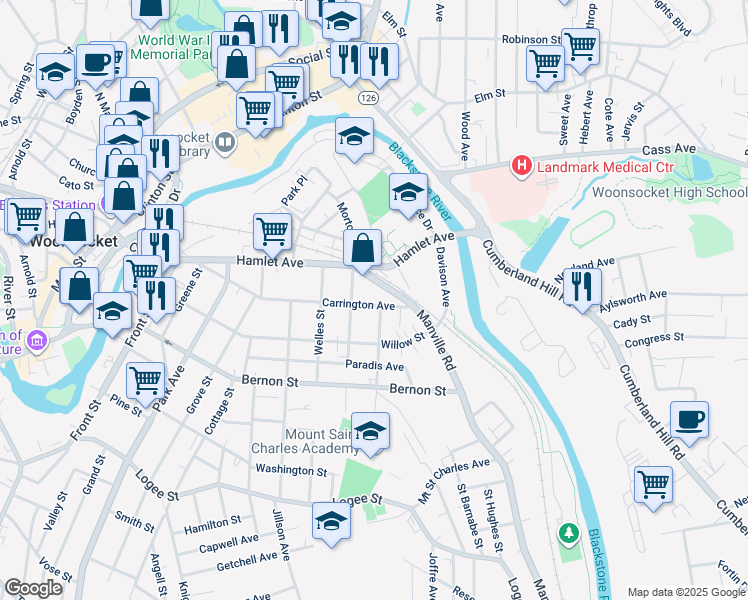 map of restaurants, bars, coffee shops, grocery stores, and more near 75 Manville Road in Woonsocket