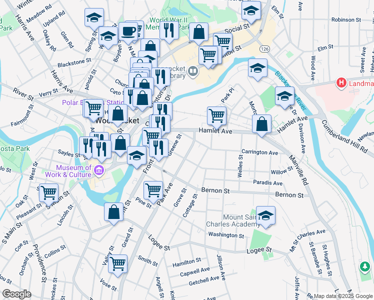 map of restaurants, bars, coffee shops, grocery stores, and more near 40 Greene Street in North Smithfield