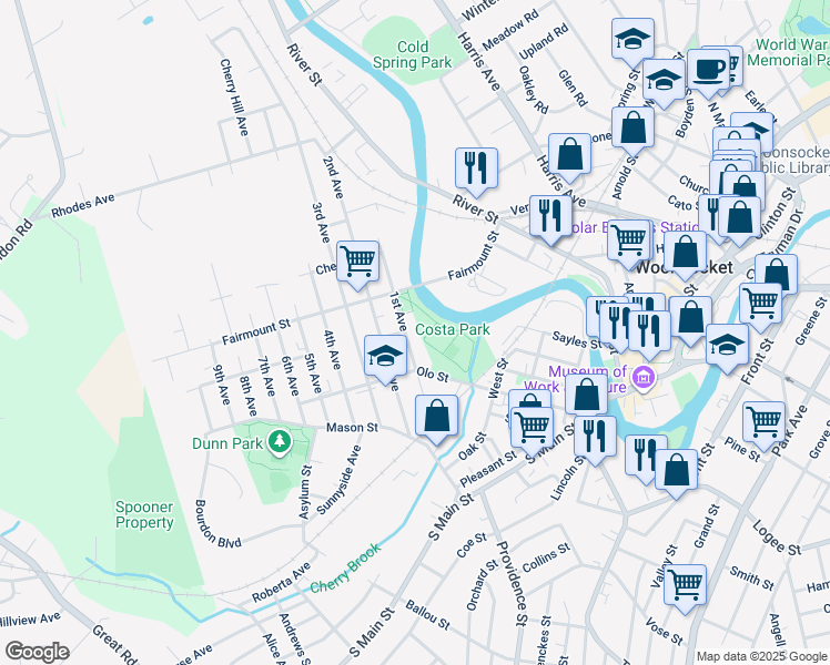 map of restaurants, bars, coffee shops, grocery stores, and more near 35 1st Avenue in Woonsocket