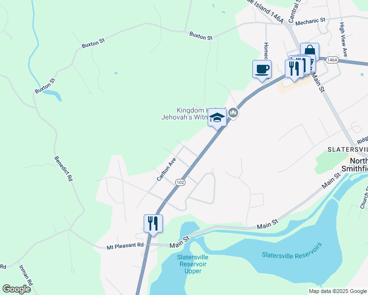 map of restaurants, bars, coffee shops, grocery stores, and more near 45 Belcher Avenue in North Smithfield