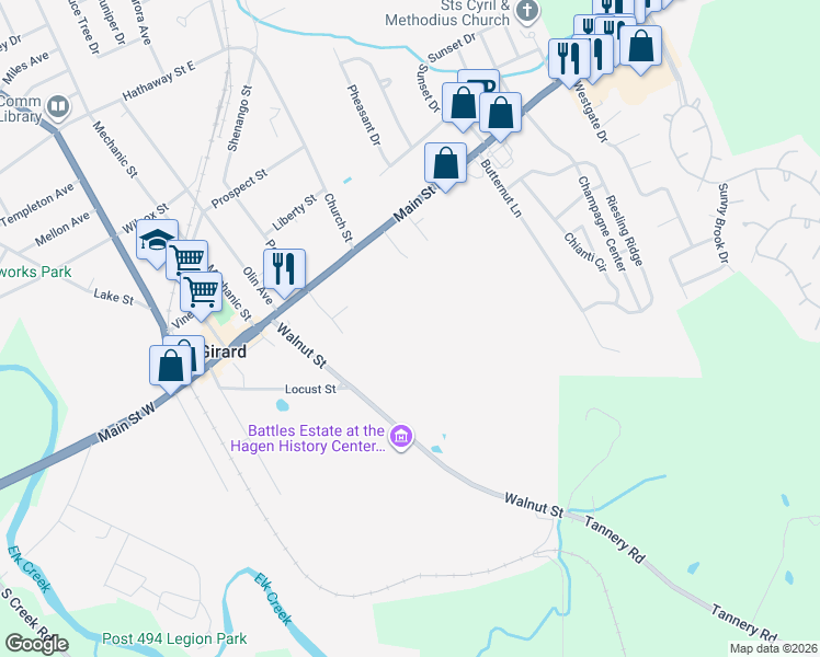 map of restaurants, bars, coffee shops, grocery stores, and more near 247 Main Street West in Girard