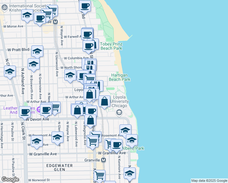 map of restaurants, bars, coffee shops, grocery stores, and more near 1026 West Loyola Avenue in Chicago