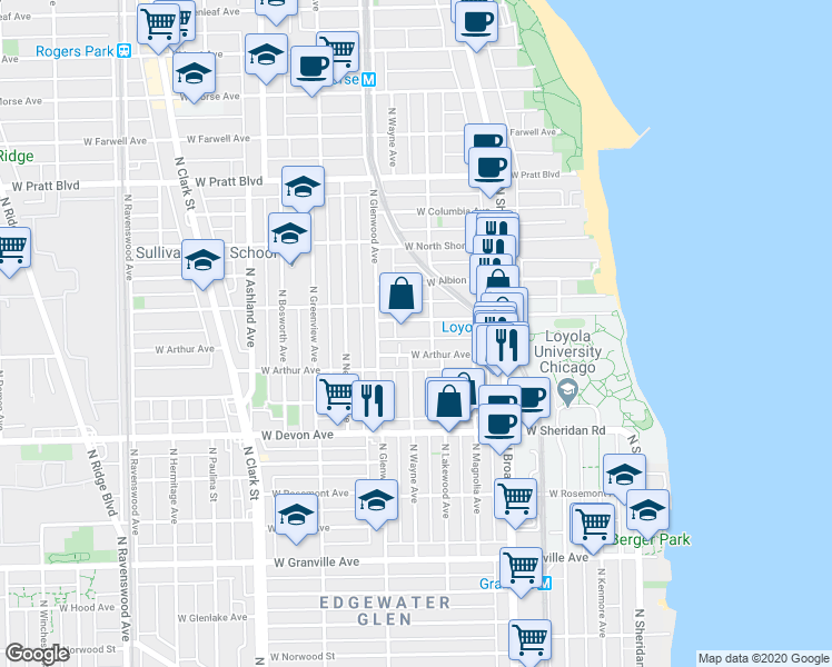 map of restaurants, bars, coffee shops, grocery stores, and more near 1320 West Loyola Avenue in Chicago
