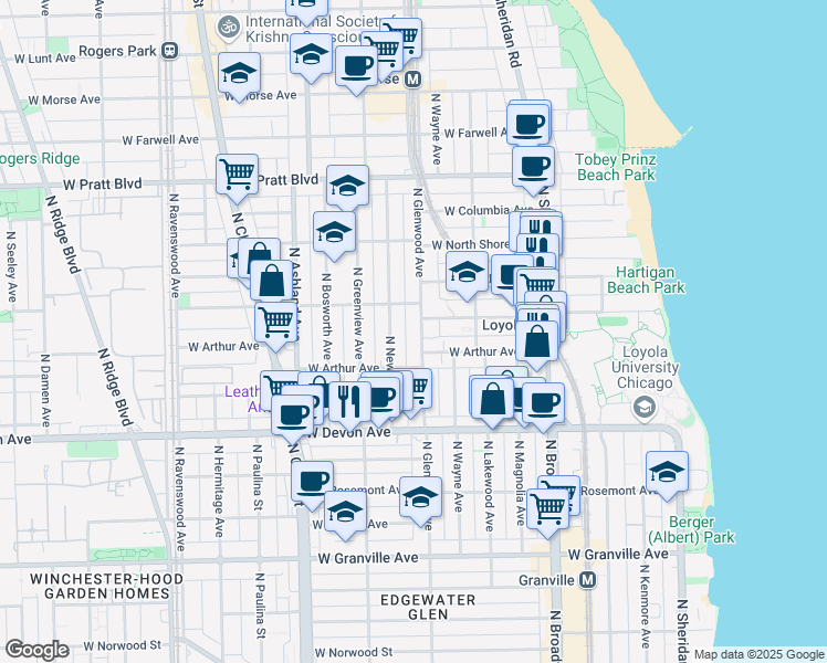 map of restaurants, bars, coffee shops, grocery stores, and more near 6552 North Glenwood Avenue in Chicago