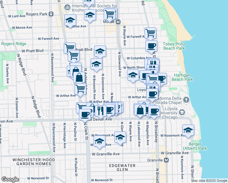map of restaurants, bars, coffee shops, grocery stores, and more near 6552 North Glenwood Avenue in Chicago