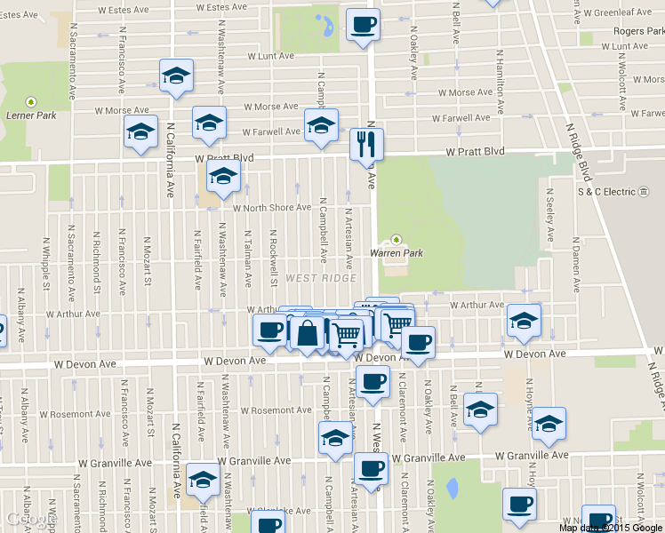 map of restaurants, bars, coffee shops, grocery stores, and more near 2440 West Albion Avenue in Chicago