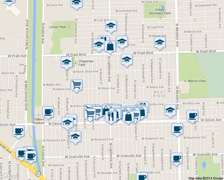 map of restaurants, bars, coffee shops, grocery stores, and more near 6608 North Fairfield Avenue in Chicago