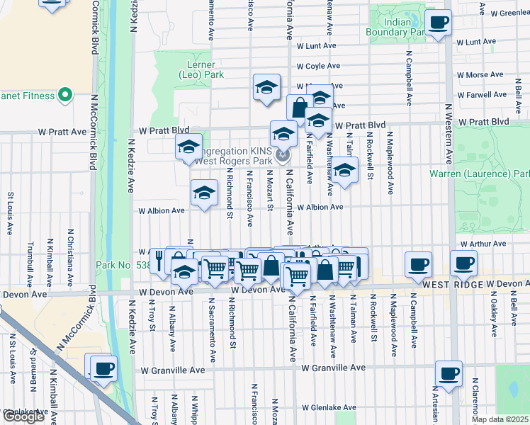 map of restaurants, bars, coffee shops, grocery stores, and more near 6611 North Francisco Avenue in Chicago