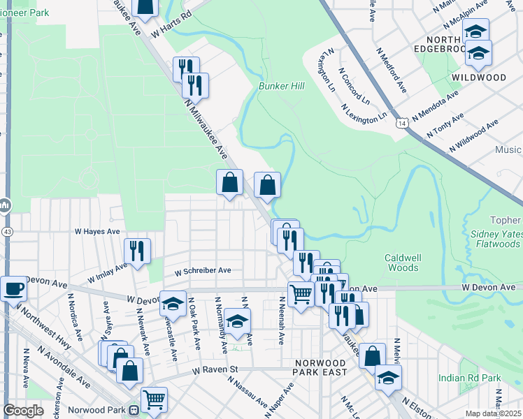 map of restaurants, bars, coffee shops, grocery stores, and more near 6603 North Milwaukee Avenue in Niles
