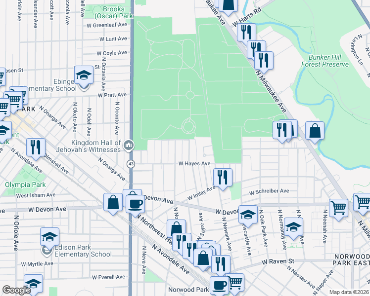 map of restaurants, bars, coffee shops, grocery stores, and more near 6549 North Nordica Avenue in Chicago