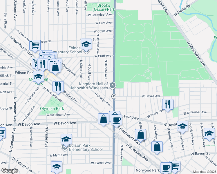 map of restaurants, bars, coffee shops, grocery stores, and more near 6620 North Harlem Avenue in Chicago