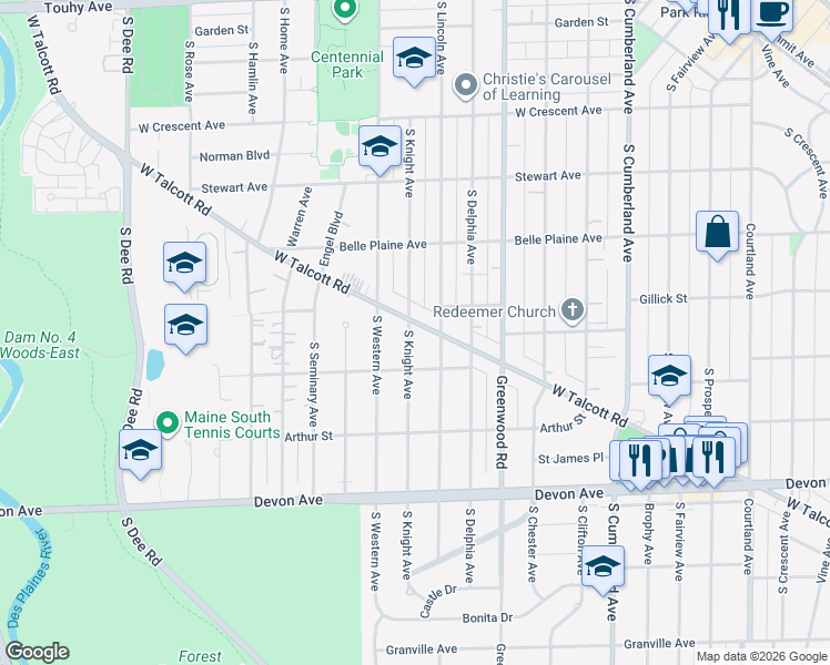 map of restaurants, bars, coffee shops, grocery stores, and more near in Park Ridge