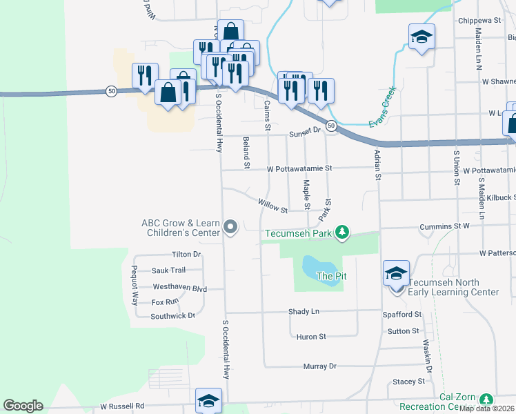 map of restaurants, bars, coffee shops, grocery stores, and more near 1103 Willow Street in Tecumseh