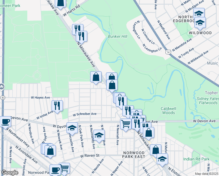 map of restaurants, bars, coffee shops, grocery stores, and more near North Milwaukee Avenue in Chicago