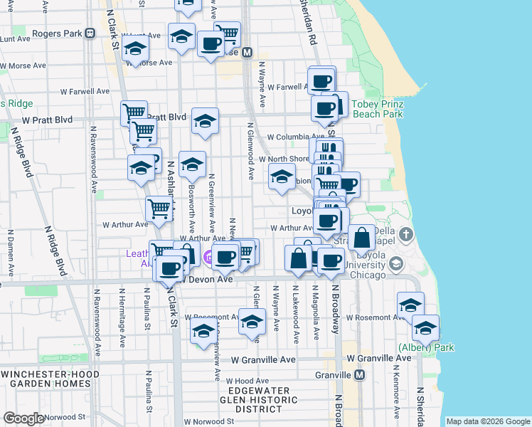 map of restaurants, bars, coffee shops, grocery stores, and more near 1331 West Loyola Avenue in Chicago
