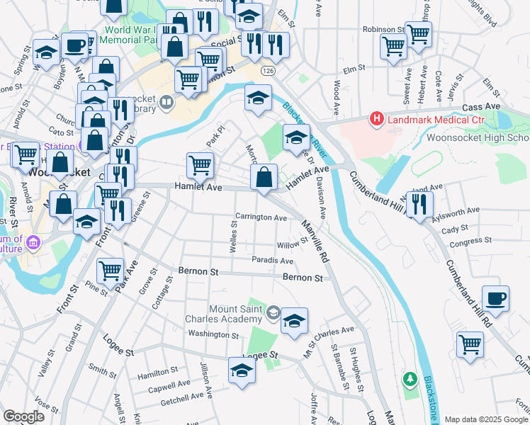 map of restaurants, bars, coffee shops, grocery stores, and more near 75 Manville Road in Woonsocket