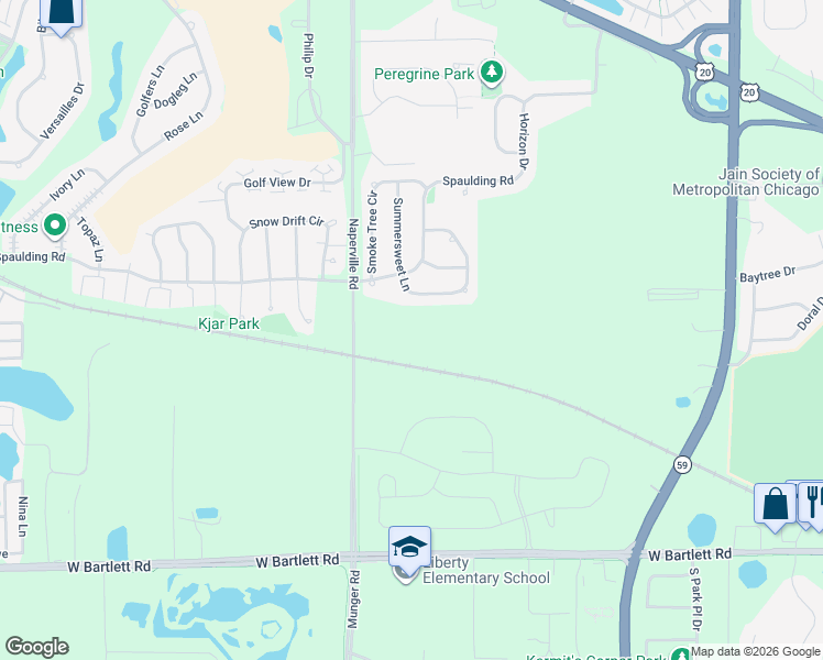 map of restaurants, bars, coffee shops, grocery stores, and more near Foxglove Court in Streamwood