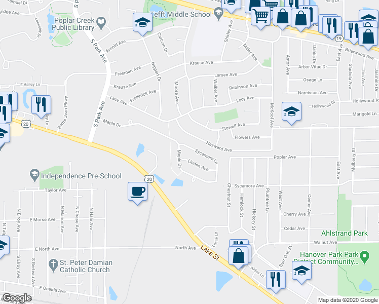 map of restaurants, bars, coffee shops, grocery stores, and more near 113 Sycamore Avenue in Streamwood