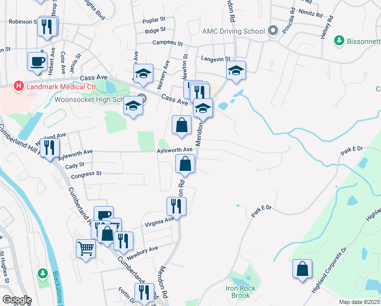 map of restaurants, bars, coffee shops, grocery stores, and more near 482 Aylsworth Avenue in Woonsocket