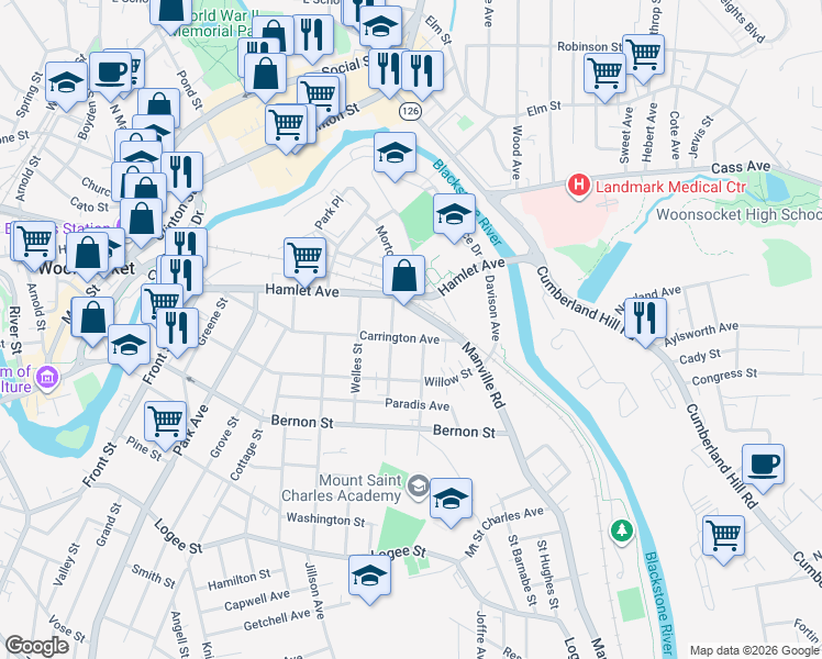 map of restaurants, bars, coffee shops, grocery stores, and more near 75 Manville Road in Woonsocket