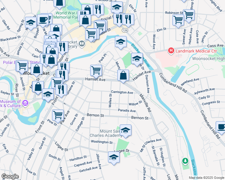 map of restaurants, bars, coffee shops, grocery stores, and more near 42 Welles Street in Woonsocket