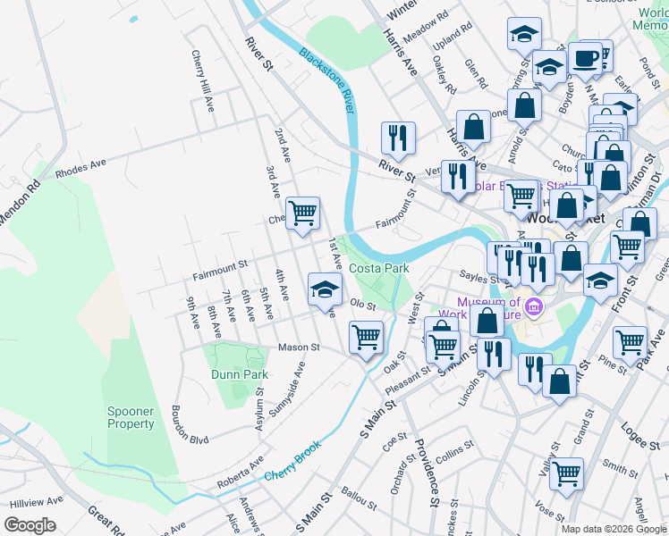 map of restaurants, bars, coffee shops, grocery stores, and more near 118 1st Avenue in Woonsocket