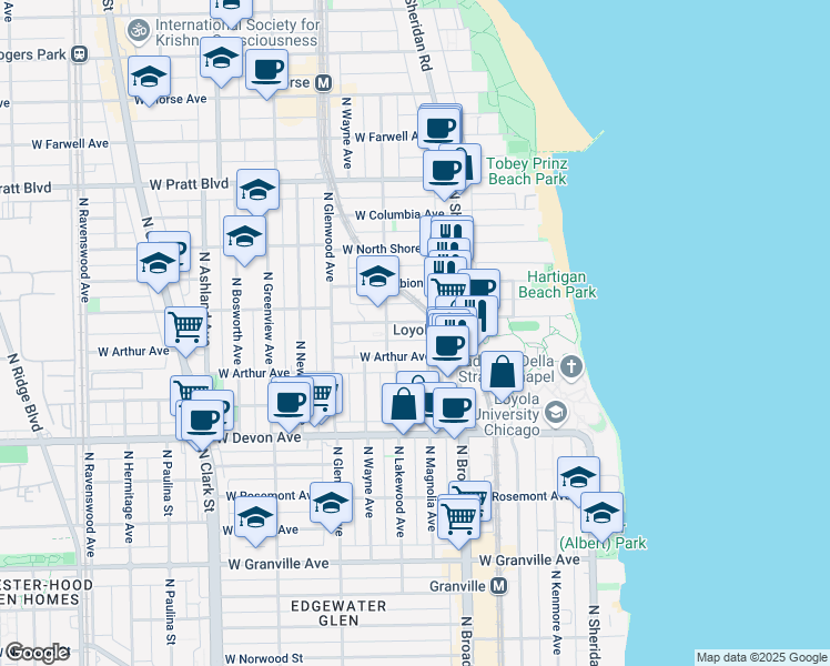 map of restaurants, bars, coffee shops, grocery stores, and more near 1254 West Loyola Avenue in Chicago