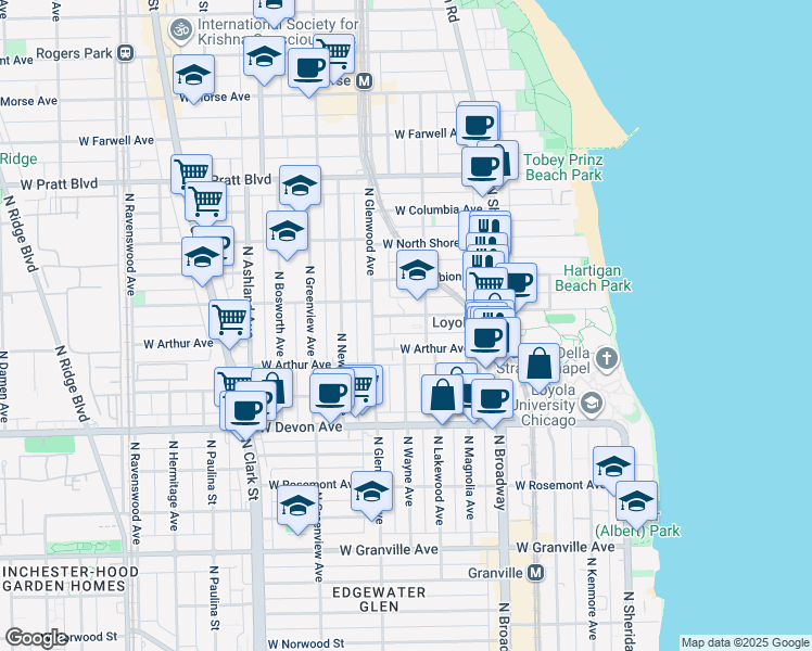 map of restaurants, bars, coffee shops, grocery stores, and more near 1320 West Loyola Avenue in Chicago