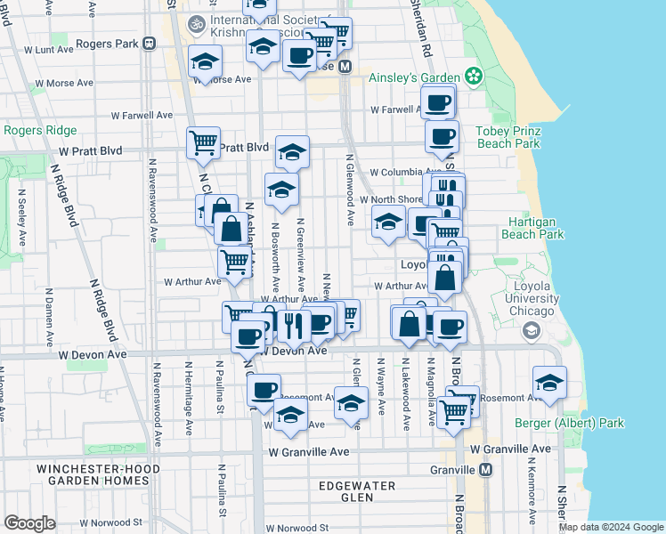 map of restaurants, bars, coffee shops, grocery stores, and more near 6552 North Glenwood Avenue in Chicago