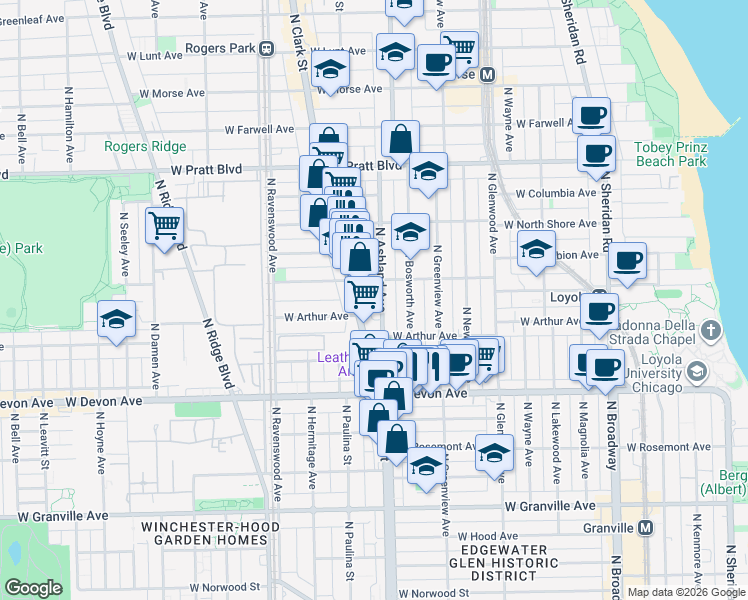map of restaurants, bars, coffee shops, grocery stores, and more near 6556 North Ashland Avenue in Chicago