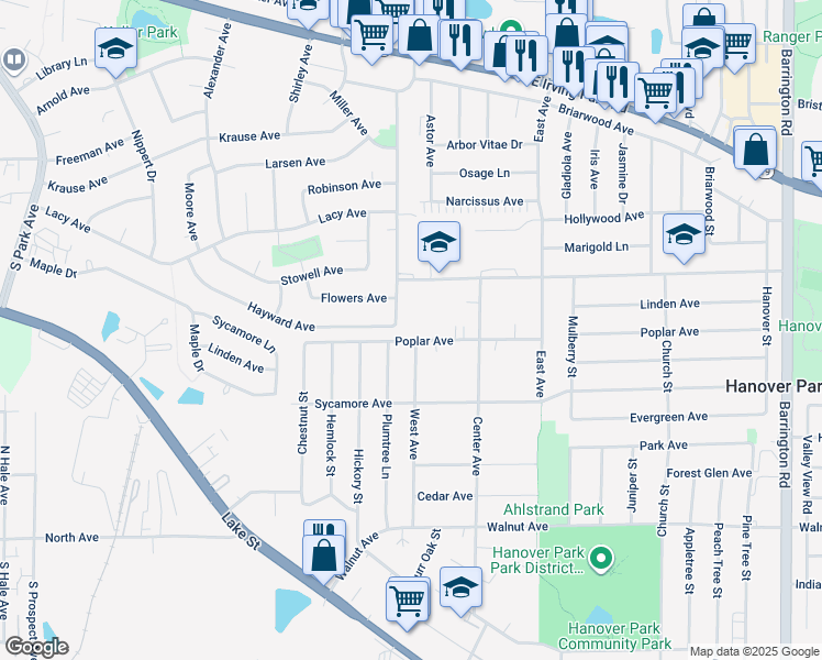 map of restaurants, bars, coffee shops, grocery stores, and more near 1851 McKool Avenue in Streamwood