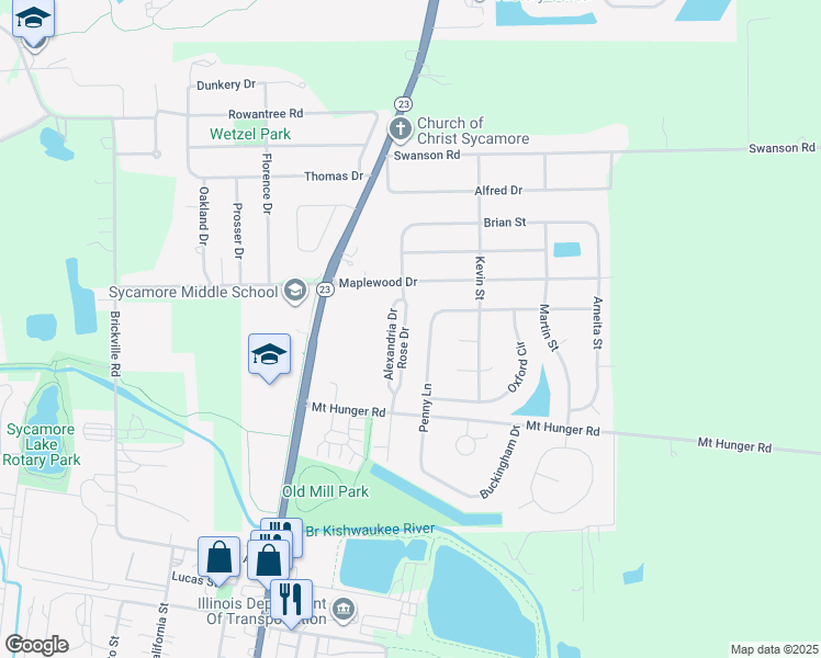 map of restaurants, bars, coffee shops, grocery stores, and more near 1169 Alexandria Drive in Sycamore
