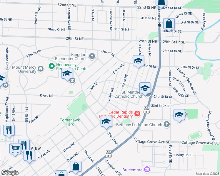 map of restaurants, bars, coffee shops, grocery stores, and more near 2335 East Avenue Northeast in Cedar Rapids