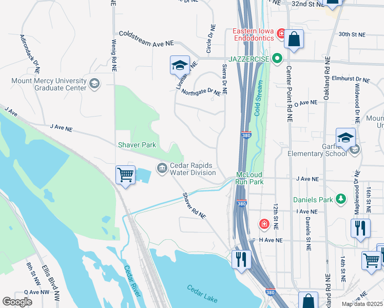 map of restaurants, bars, coffee shops, grocery stores, and more near 1065 Sierra Court in Cedar Rapids