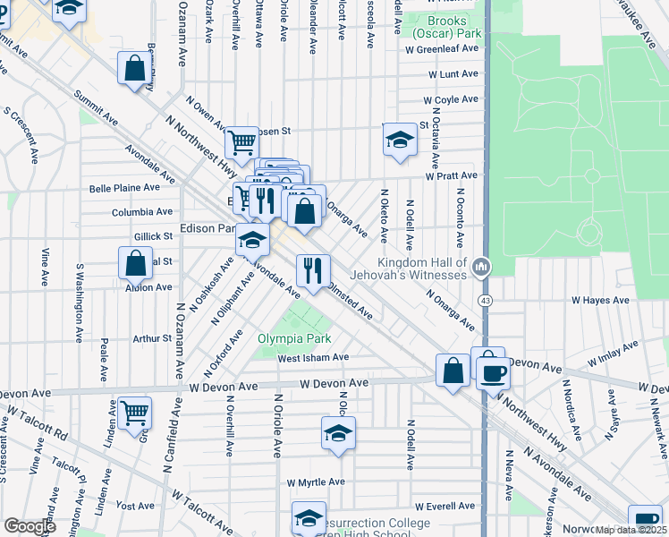 map of restaurants, bars, coffee shops, grocery stores, and more near 6626 North Northwest Highway in Chicago