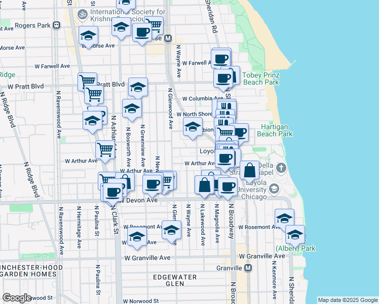 map of restaurants, bars, coffee shops, grocery stores, and more near 1320 West Loyola Avenue in Chicago
