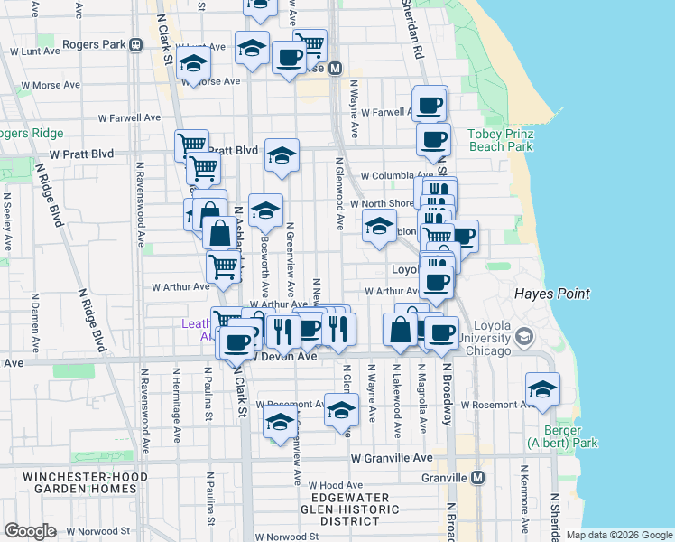 map of restaurants, bars, coffee shops, grocery stores, and more near 6540 North Glenwood Avenue in Chicago