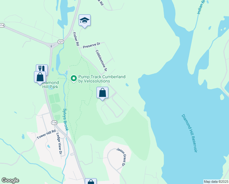 map of restaurants, bars, coffee shops, grocery stores, and more near 43 Fisher Road in Cumberland