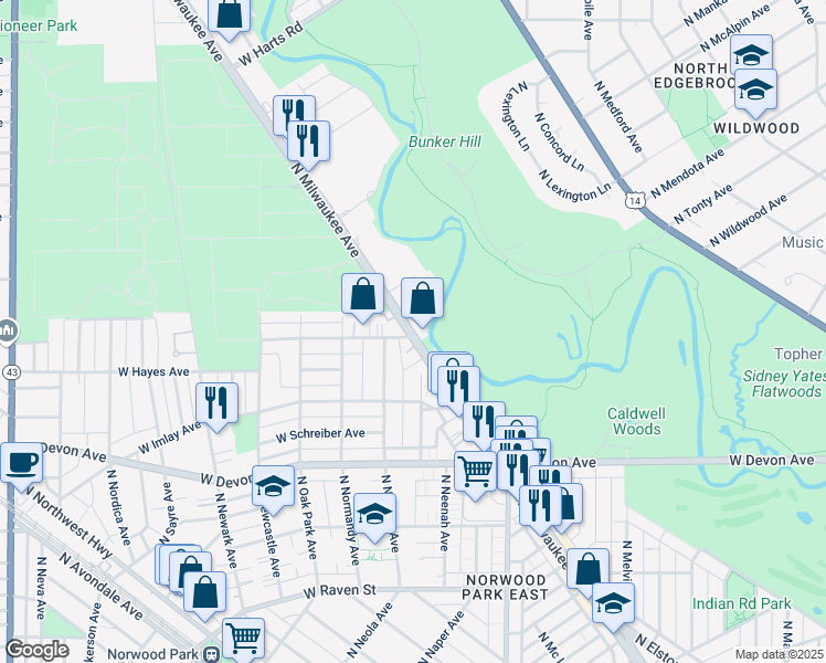 map of restaurants, bars, coffee shops, grocery stores, and more near 6603 North Milwaukee Avenue in Niles