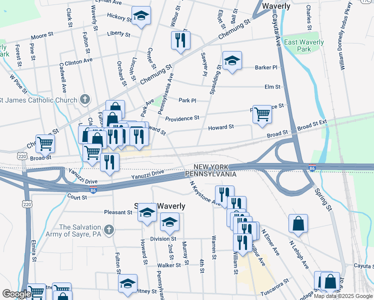 map of restaurants, bars, coffee shops, grocery stores, and more near 446 Broad Street in Waverly