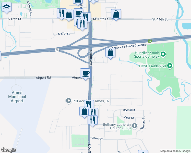 map of restaurants, bars, coffee shops, grocery stores, and more near 2400 South Duff Avenue in Ames