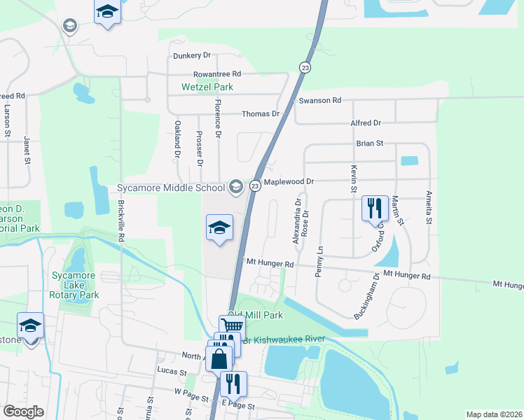 map of restaurants, bars, coffee shops, grocery stores, and more near 1167 Alexandria Drive in Sycamore