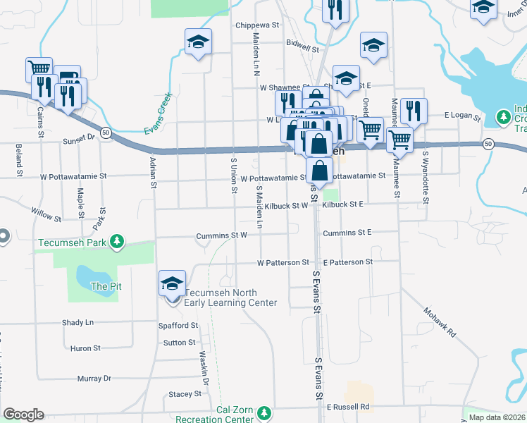map of restaurants, bars, coffee shops, grocery stores, and more near 301 Kilbuck Street West in Tecumseh