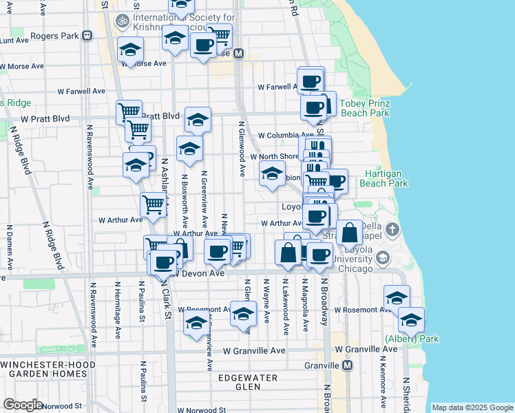 map of restaurants, bars, coffee shops, grocery stores, and more near 1331 West Loyola Avenue in Chicago