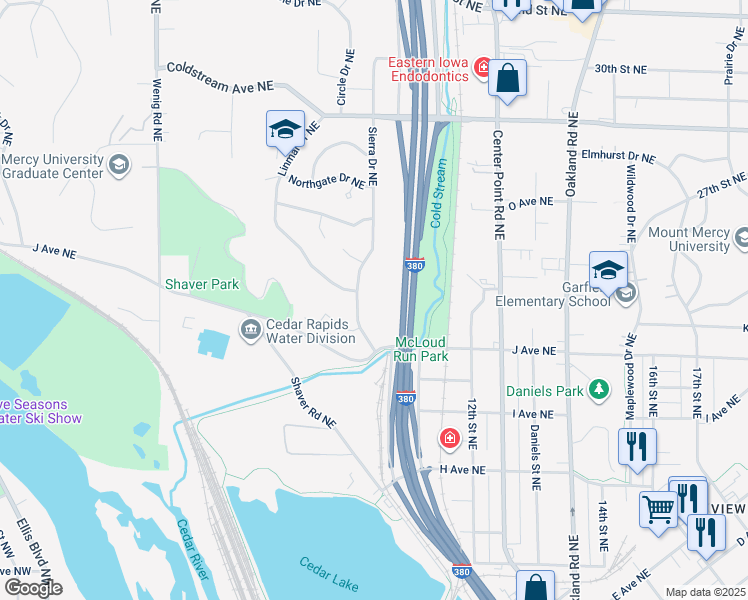 map of restaurants, bars, coffee shops, grocery stores, and more near 1100 Sierra Drive Northeast in Cedar Rapids