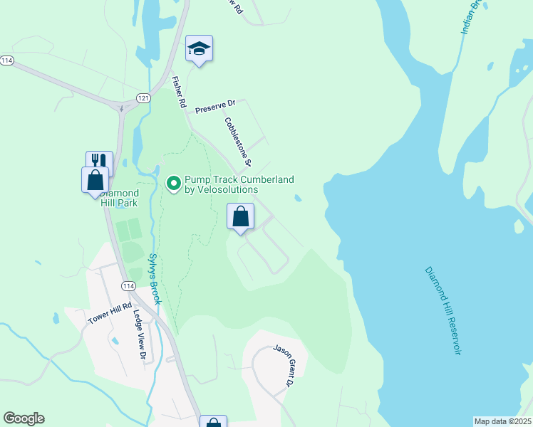 map of restaurants, bars, coffee shops, grocery stores, and more near 43 Fisher Road in Cumberland