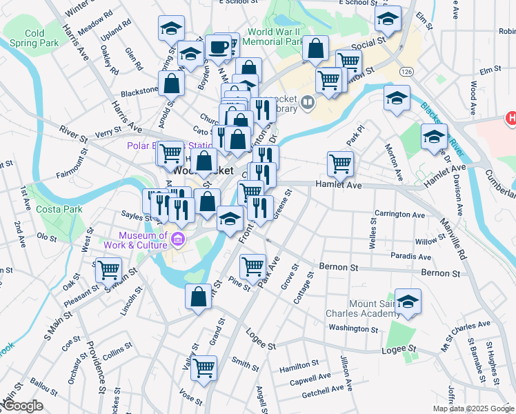 map of restaurants, bars, coffee shops, grocery stores, and more near 99 Front Street in Woonsocket
